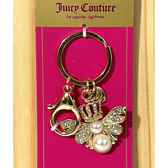 RARE Juicy Couture Queen Bee Pearl Keychain Bag Charm Gold Rhinestone BLING - Picture 1 of 16